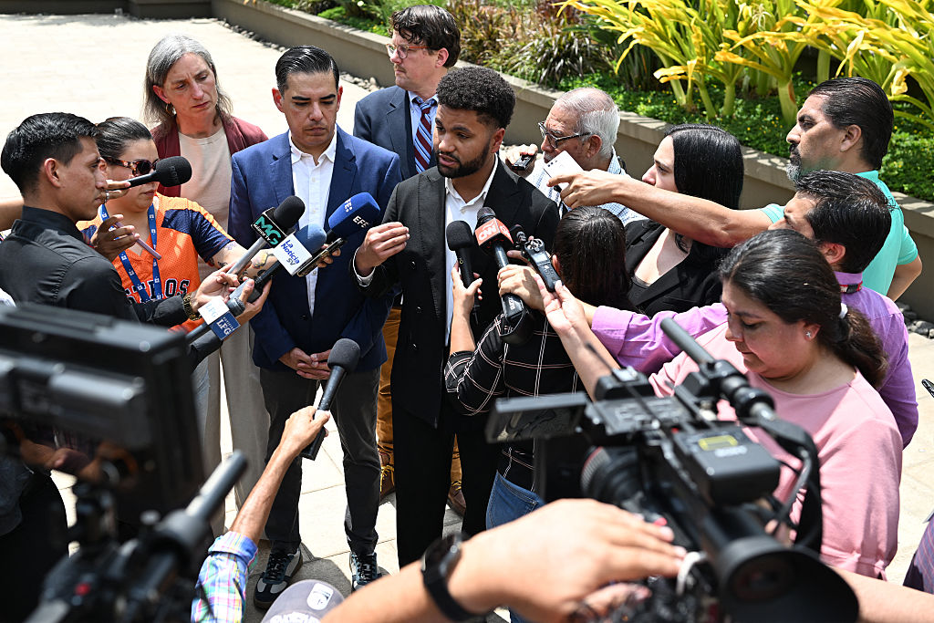 Democratic US Congressman Maxwell Frost speaks during a press conference on the liberation of Salvadoran Kilmar Abrego Garcia in San Salvador on April 21, 2025.
