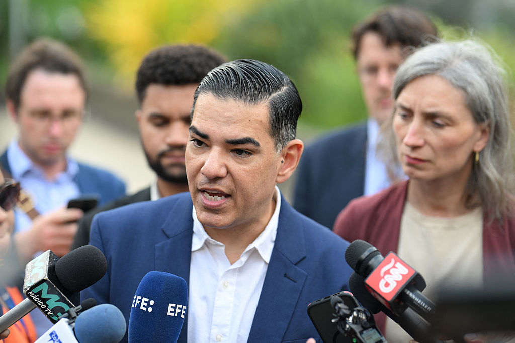 Democratic US Congressman Robert Garcia speaks during a press conference on the liberation of Salvadoran Kilmar Abrego Garcia in San Salvador on April 21, 2025.