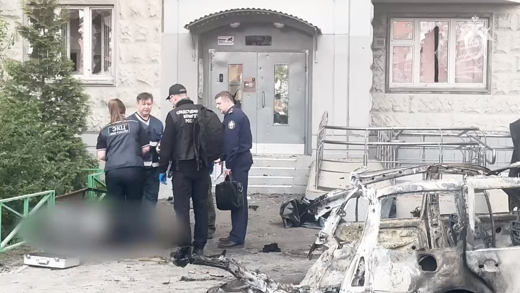 A screen grab from a video shows the area where senior Russian military officer Gen. Yaroslav Moskalik was killed in a car bomb explosion, confirmed by Russia's Investigative Committee, on April 25.