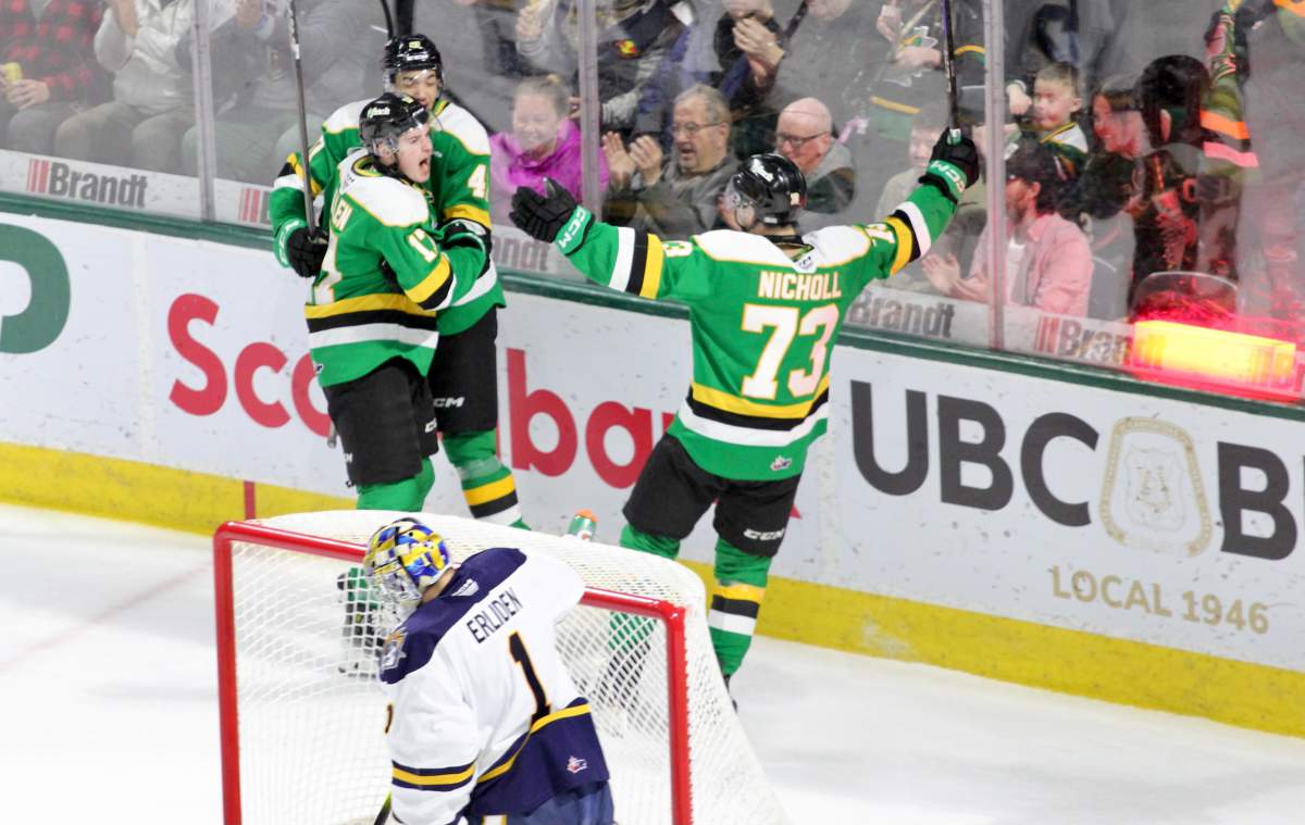 The London Knights celebrate Cam Allen's first period goal in Game 1 of their second round series against the Erie Otters on Apr. 10, 2025 at Canada Life Place.