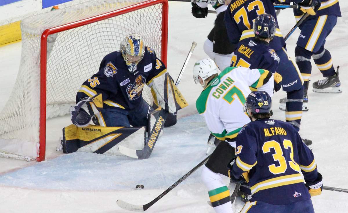 Easton Cowan of the London Knights gets a chance in front of the Erie Otters net in a 4-0 London victory in Game 3 of the Western Conference semi-final series between the teams.
