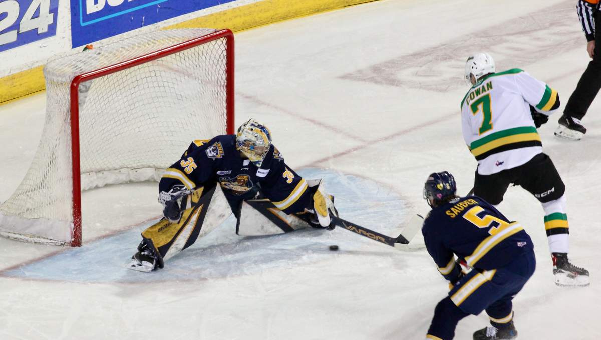 Easton Cowan of the London Knights scores a first period goal in Game 4 of the second round series between the Knights and the Erie Otters played at the Erie Insurance Arena on Apr. 17, 2025.