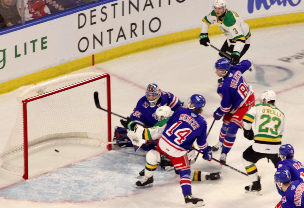 Landon Sim celebrates a first period goal in a 3-2 London Knights victory over the Kitchener Rangers in Game 3 of the Western Conference Championship series on Apr. 28, 2025.