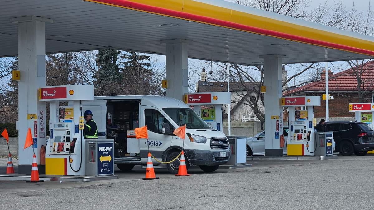 Gas station pump being repaired at Shell in Toronto on April 8, 2025.