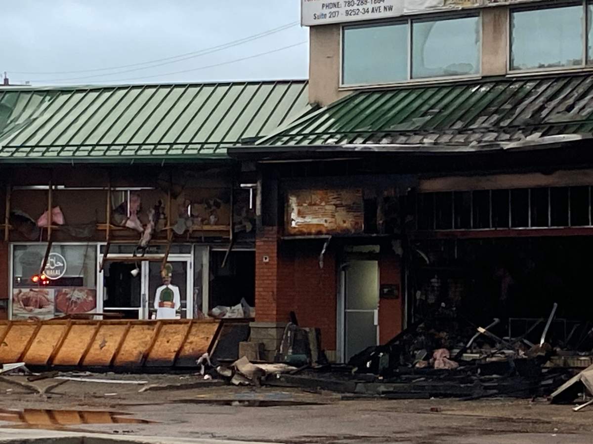 A fire broke out overnight at the Plaza 34 strip mall near 34 Avenue and 92 Street in southeast Edmonton on Tuesday, April 8, 2025.