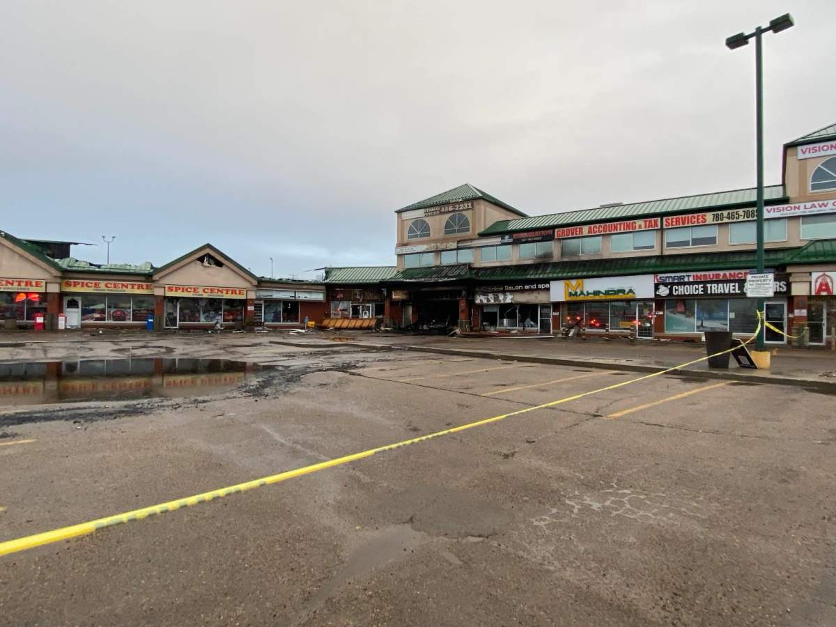 A fire broke out overnight at the Plaza 34 strip mall near 34 Avenue and 92 Street in southeast Edmonton on Tuesday, April 8, 2025.