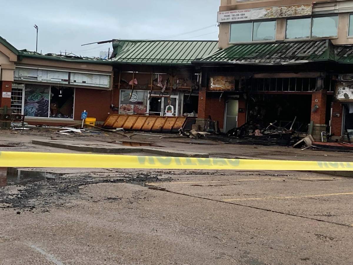 A fire broke out overnight at the Plaza 34 strip mall near 34 Avenue and 92 Street in southeast Edmonton on Tuesday, April 8, 2025.