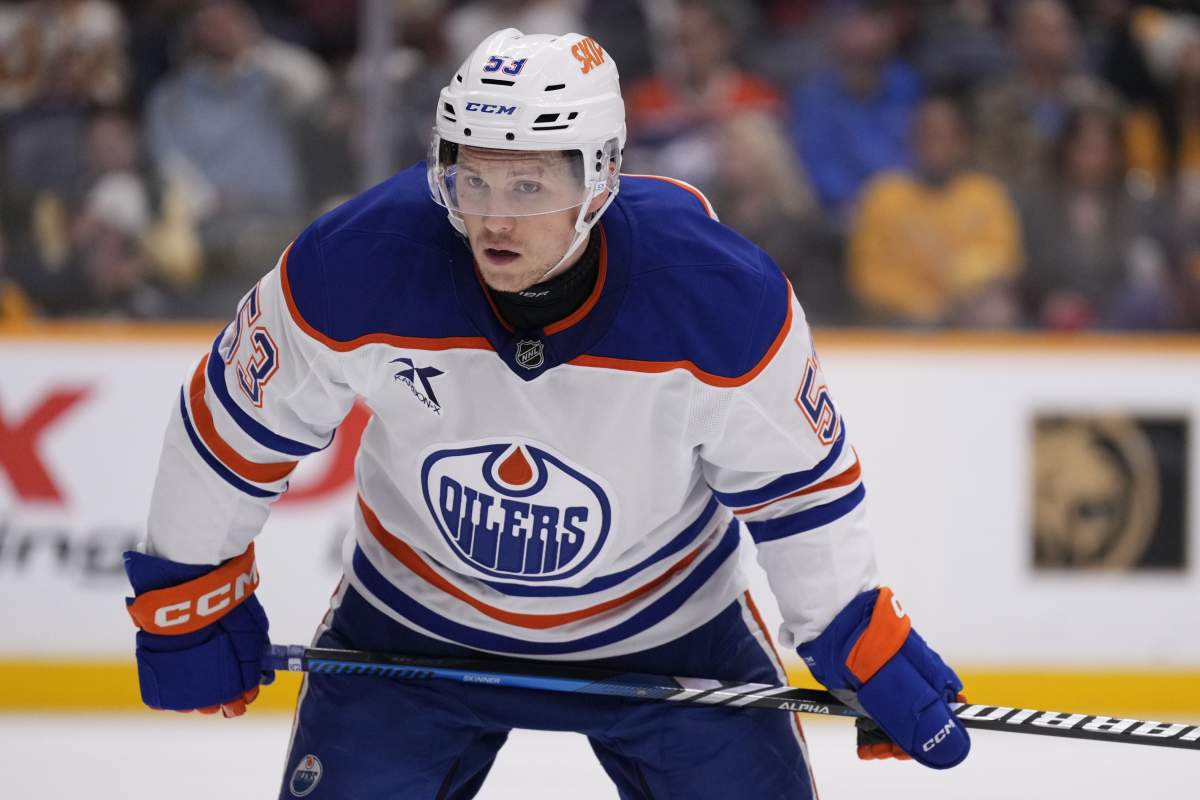 Edmonton Oilers forward Jeff Skinner (53) plays during the first period of an NHL hockey game against the Nashville Predators, Thursday, Oct. 31, 2024, in Nashville, Tenn.