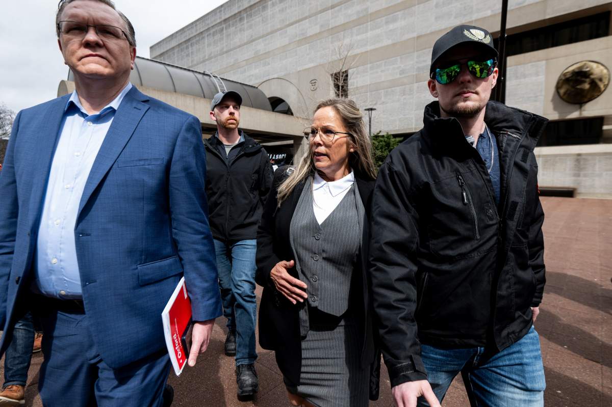 Tamara Lich, one of the organizers of the 2022 convoy protest in Ottawa, leaves the courthouse for a lunch break in Ottawa on Thursday, April 3, 2025.