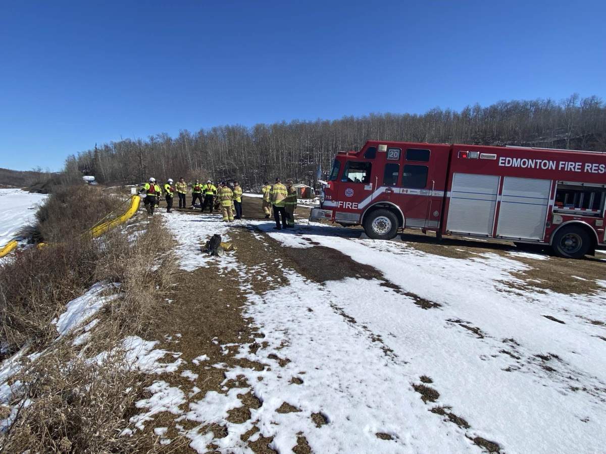 One person was taken to hospital after a car caught fire while on the ice of the North Saskatchewan River near the River Ridge Golf Course on Wednesday, April 2, 2025.