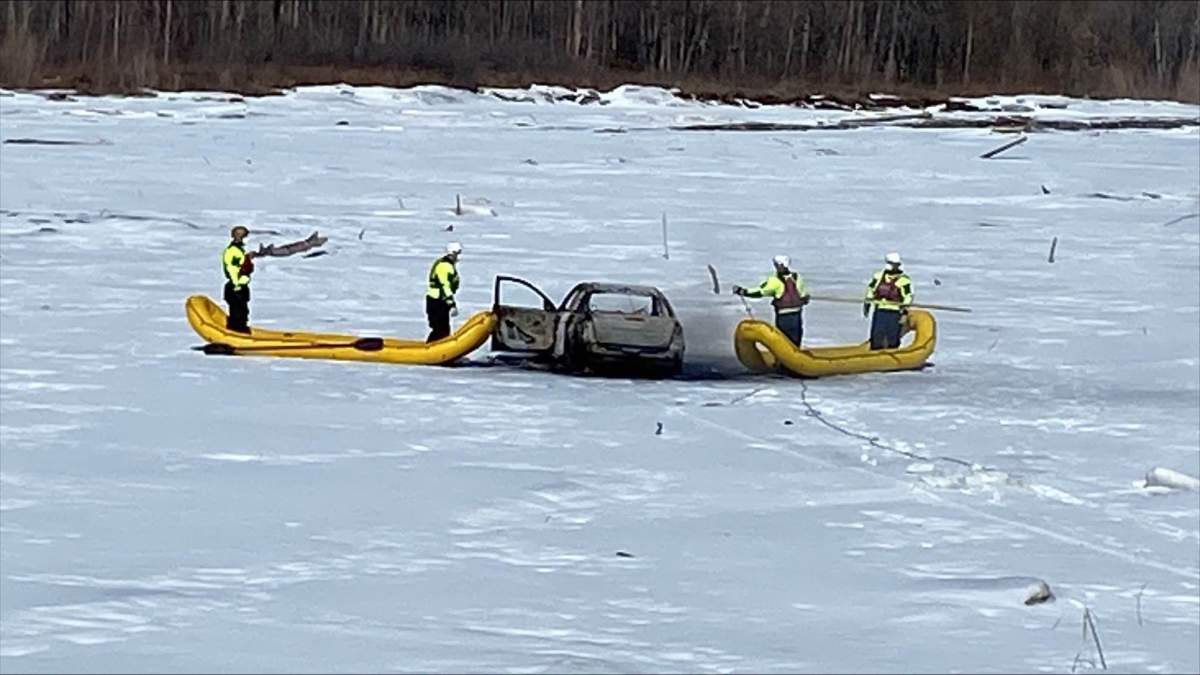 One person was taken to hospital after a car caught fire while on the ice of the North Saskatchewan River near the River Ridge Golf Course on Wednesday, April 2, 2025.