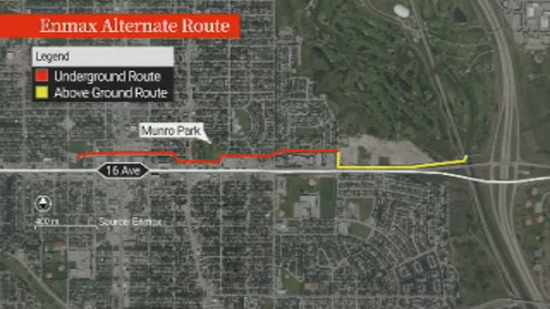 Enmax’s proposed alternate route, which is largely underground.