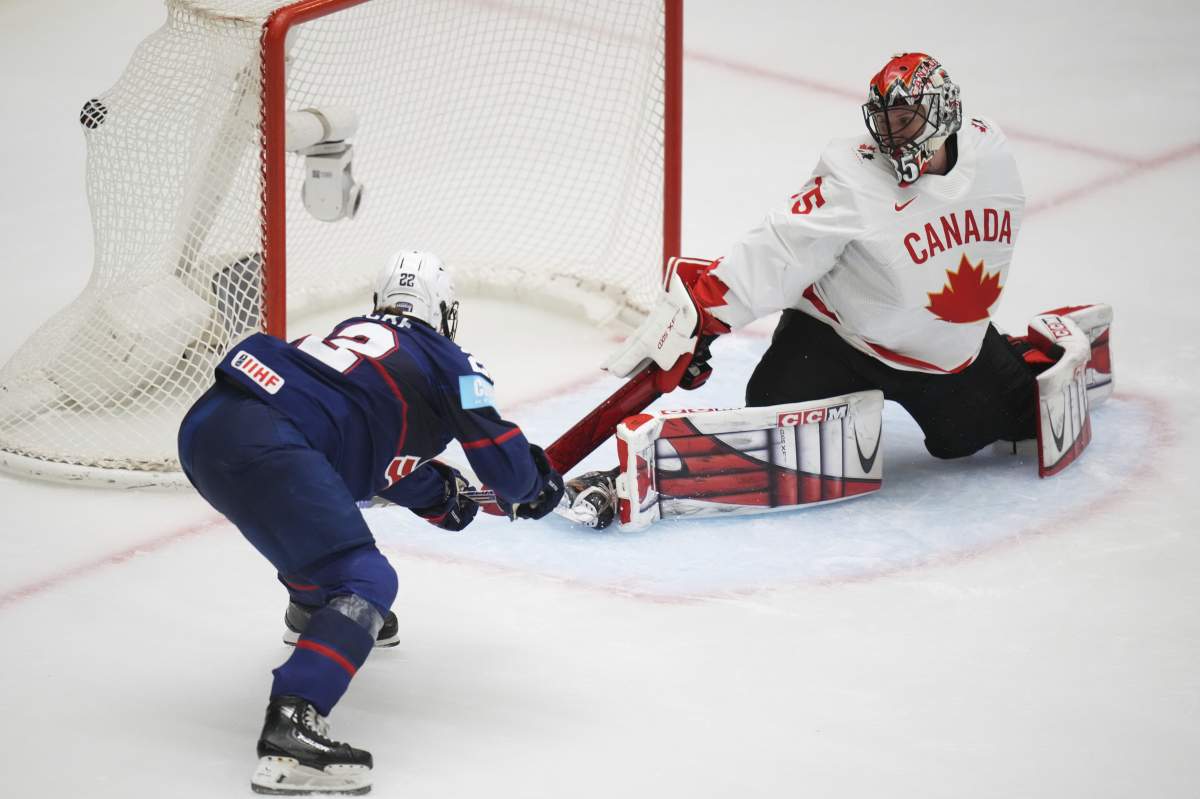 United States' Tessa Janecke scores a sucden death goal in overtime during the gold medal match between Canada and United States at the Women's Ice Hockey Championships in Ceske Budejovice, Czech Republic, Sunday, April 20, 2025.