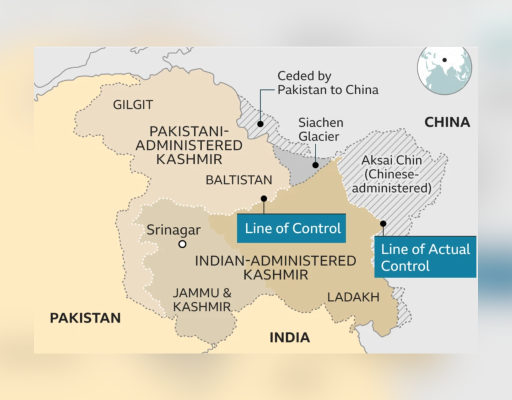 A map of Kashmir detailing its geographical lines of division.