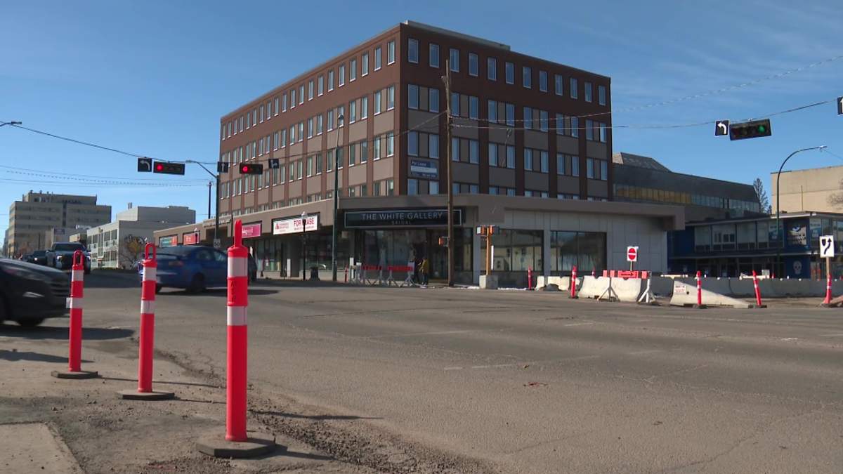 Valley Line LRT West construction along Stony Plain Road at 124 Street in April 2025.