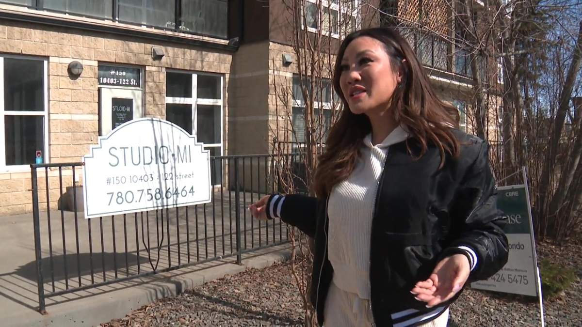 Kim Tran owns Studio Mi!, a hair salon in Glenora Gates condo building facing 104 Avenue, between 121 and 122 streets. She's fed up with Valley Line LRT construction and is moving her business elsewhere. Photo taken April 4, 2025.