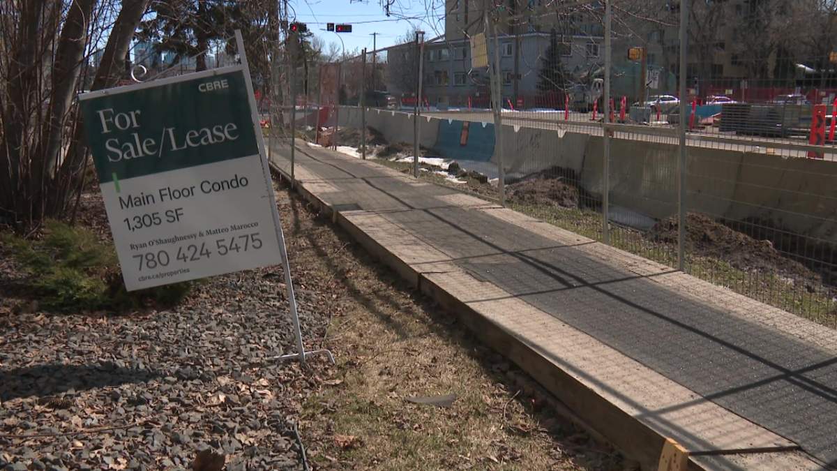 Valley Line LRT West construction along Stony Plain Road at 121 Street in April 2025.