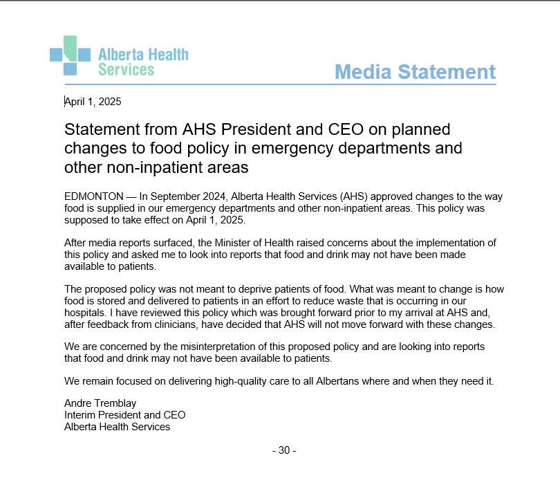 A statement from the interim CEO of AHS, issued April 1, 2025, says the health agency "will not move forwards" with controversial changes to it's food and drink policies.