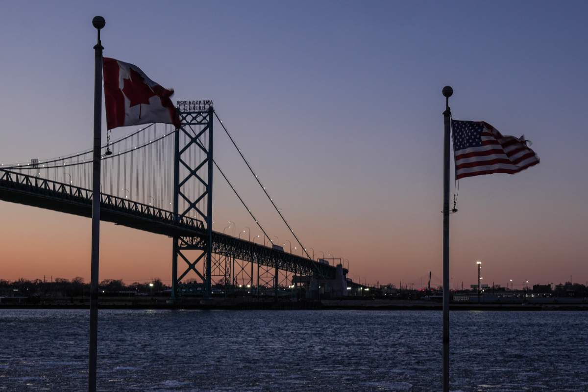 Lights illuminate the Ambassador Bridge that stretches between Windsor, Ont. and Detroit, Mich. on Thursday, March 6, 2025.