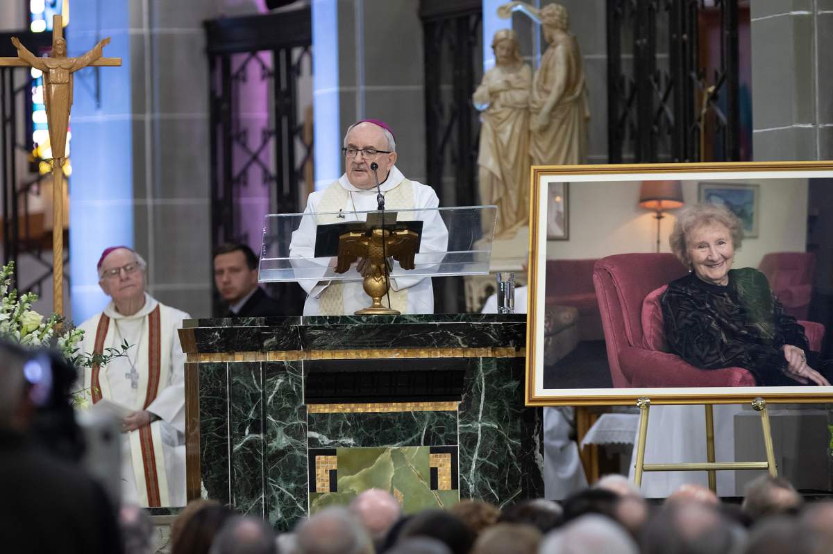 His Excellency Monsignor Valery Vienneau, Archbishop Emeritus speaks at the funeral for Antonine Maillet was held in Moncton, N.B., Saturday, April 12, 2025. THE CANADIAN PRESS/Ron Ward.