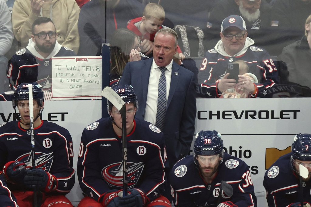 Columbus Blue Jackets coach Dean Evason is seen behind the bench during the third period an NHL game against the Florida Panthers on Thursday, March 20, 2025.