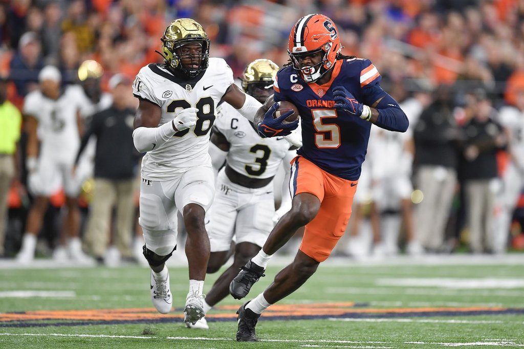 Syracuse wide receiver Damien Alford, right, outruns Wake Forest defensive back Davaughn Patterson for a score during the first half of an NCAA college football game in Syracuse, N.Y., Saturday, Nov. 25, 2023.