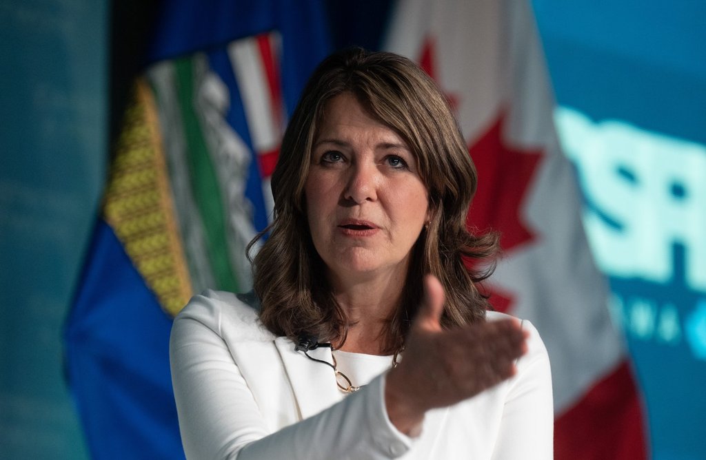 Alberta Premier Danielle Smith responds to a question following a speech at the Canada Strong and Free Network national conference in Ottawa on April 10, 2025.
