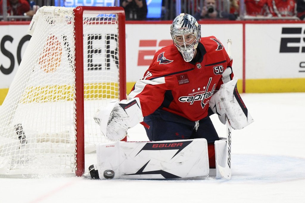 Washington Capitals goaltender Logan Thompson (48) stops the puck in the second period of Game 2 of a first-round NHL hockey playoff series against the Montreal Canadiens, Wednesday, April 23, 2025, in Washington.