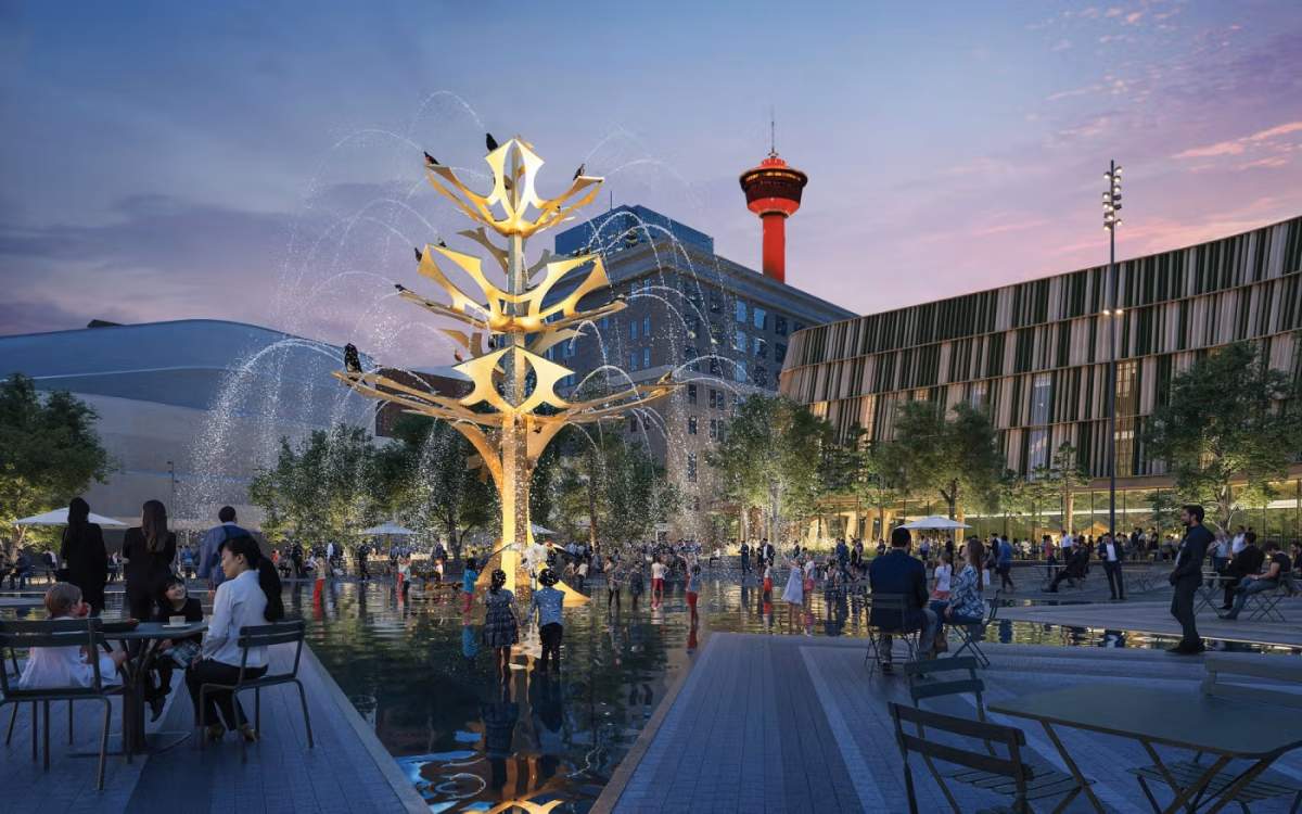 New artist renderings of Calgary's redesigned Olympic plaza include a 12 metre tall structure that will serve as a waterfountain at the centre of a splash park in the summer and the centrepiece for a outdoor skating rink in the winter.