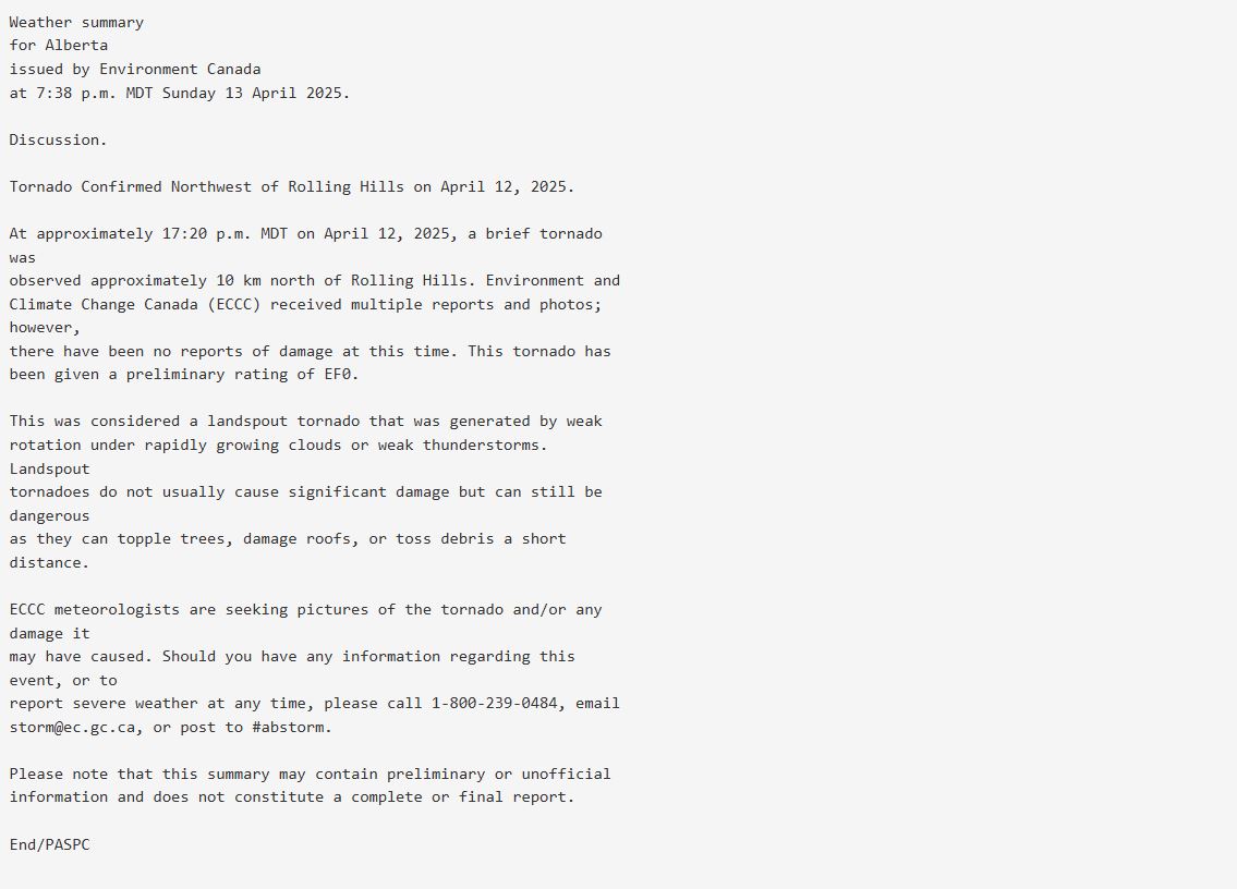 Environment Canada has given the tornado a rating of EF0 which is the weakest kind of tornado on the Enhanced Fujita Scale.