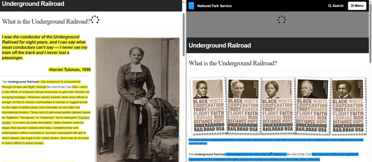 A comparison of the National Park Service Underground Railroad webpage.