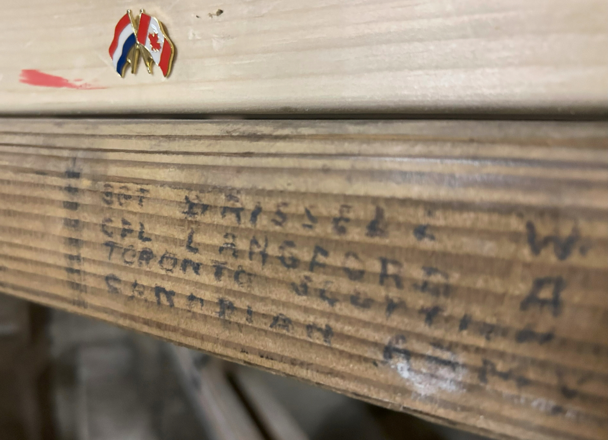 A penciled inscription attributed to William Drissell, a Canadian soldier in the Second World War, in a church in the village of Groesbeek, Netherlands.