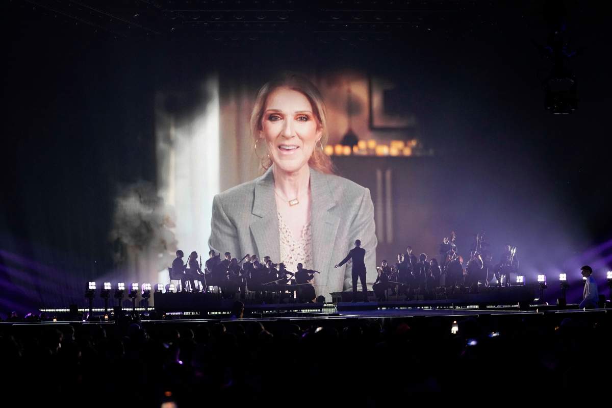 Former Eurovision Song Contest winner Celine Dion, speak in a pre-recorded video message during the first semi-final of the 69th Eurovision Song Contest, in Basel, Switzerland, Tuesday, May 13, 2025. 
