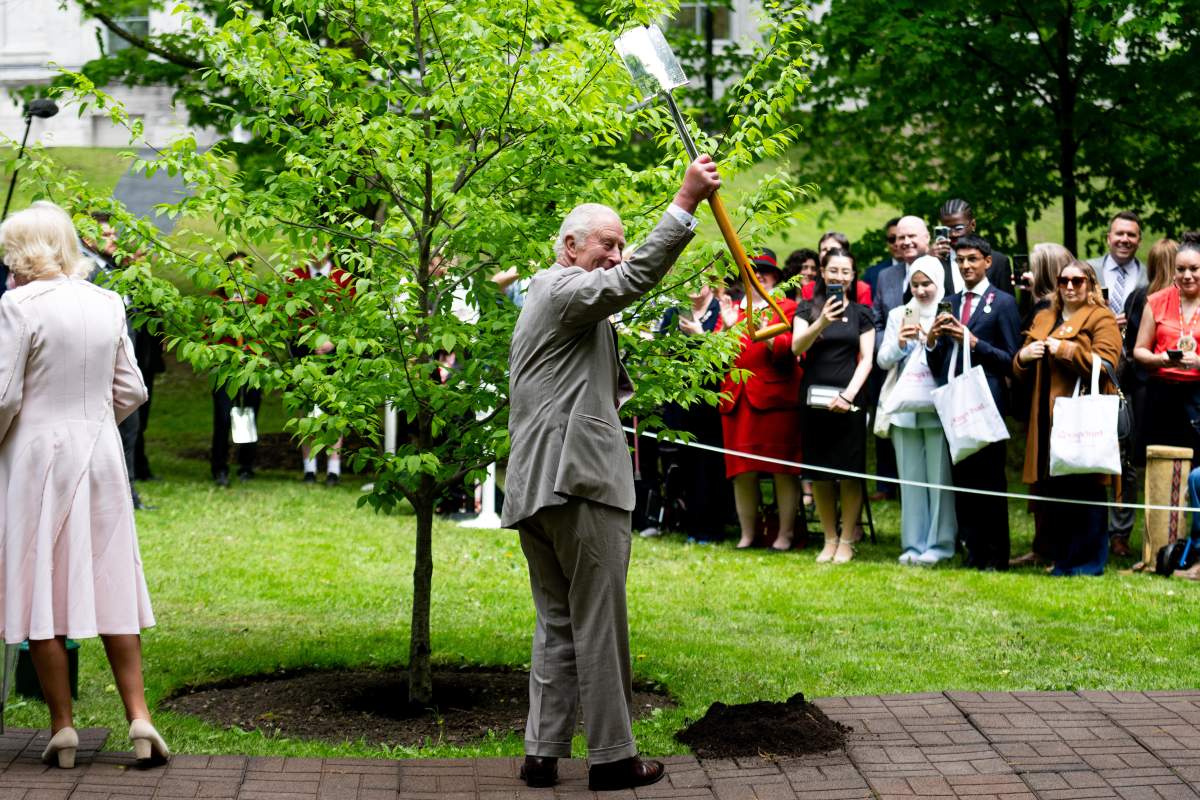 King Charles waves a shovel used during a tree planting ceremony at Rideau Hall in Ottawa, on Monday, May 26, 2025. THE CANADIAN PRESS/Spencer Colby