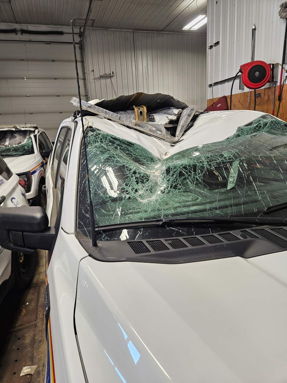 A stolen trackhoe (excavator) destroyed five cruisers at the Bonnyville RCMP detachment on Saturday, May 3, 2025.