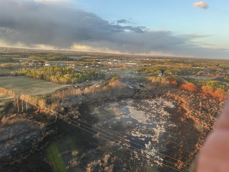 Aerial photo from the County of Grande Prairie showing area burnt from a wildfire on Sunday, May 4, 2025.