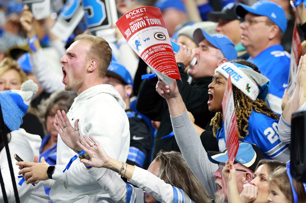 DETROIT,MICHIGAN-DECEMBER 5: Detroit Lions fans cheer during a game between the Detroit Lions and the Green Bay Packers in Detroit, Michigan USA, on Thursday, December 5, 2024. (Photo by Amy Lemus/NurPhoto via Getty Images)