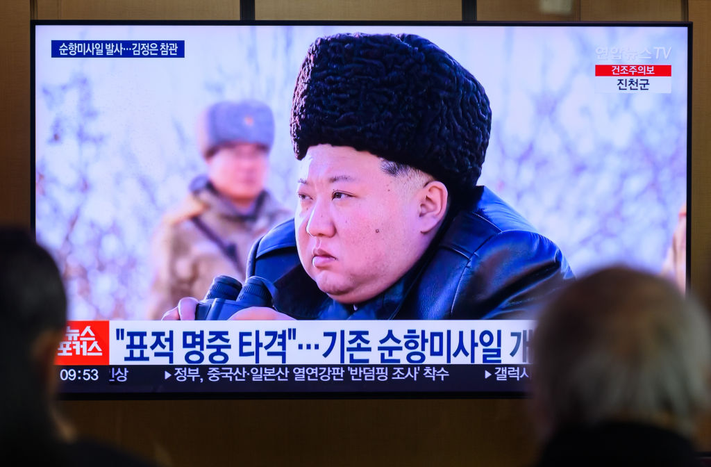 A 24-hour Yonhap news TV broadcast at Seoul Railway Station showing a news broadcast with North Korea's leader Kim Jong Un observing the launch of a strategic cruise missile during a drill by the Korean People's Army(KPA), on the coast of the "West Sea of Korea", or Yellow Sea, in North Korea.