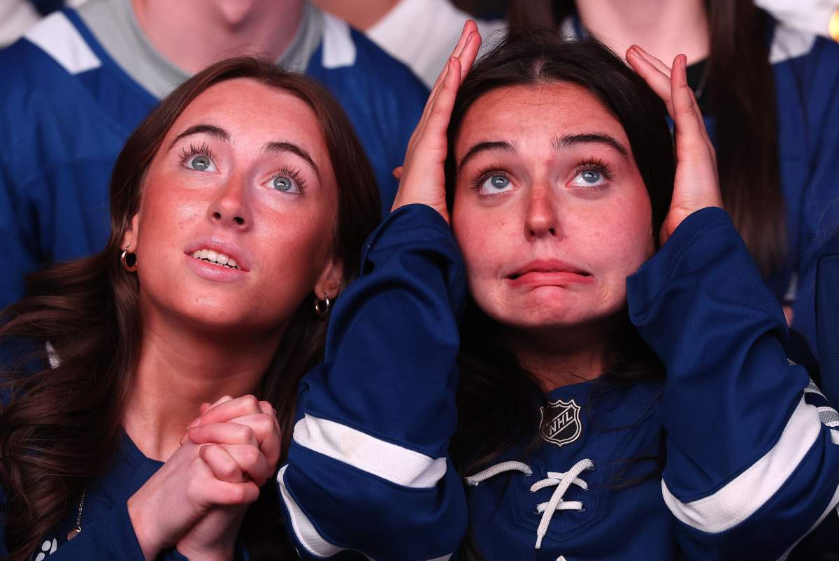 TORONTO, ON- APRIL 24 - Toronto Maple Leafs fans gather to watch game three of the first round NHL Stanley Cup playoffs series against the Ottawa Senators in Maple Leafs Square at Scotiabank Arena in Toronto. April 24, 2025. Steve Russell/Toronto Star (Steve Russell/Toronto Star via Getty Images)