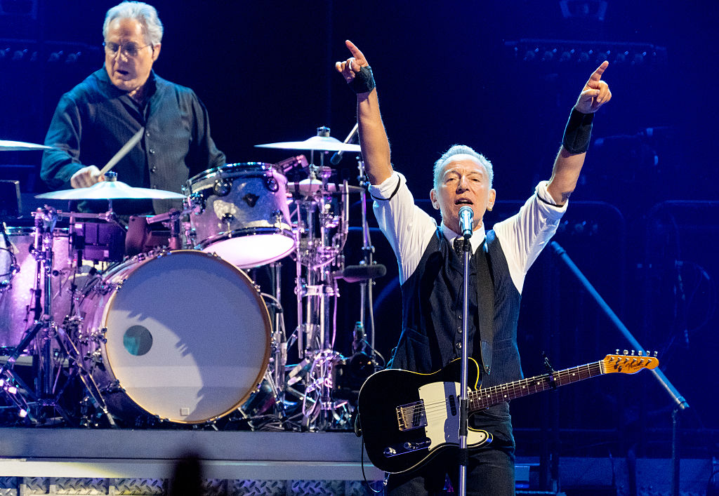 Bruce Springsteen (R) and Max Weinberg perform during the first night of his 'The Land of Hopes and Dreams' tour at Co-op Live on May 14, 2025 in Manchester, England.