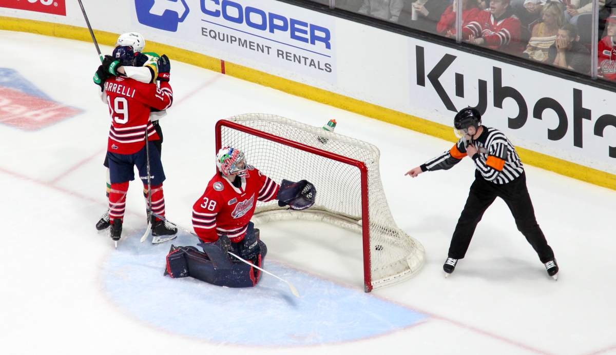 Jacob Julien of the London Knights scores short-handed on Jacob Oster of the Oshawa Gnereals in Game 3 of the OHL Championship series on May 12, 2025 at the Tribute Communities Centre.