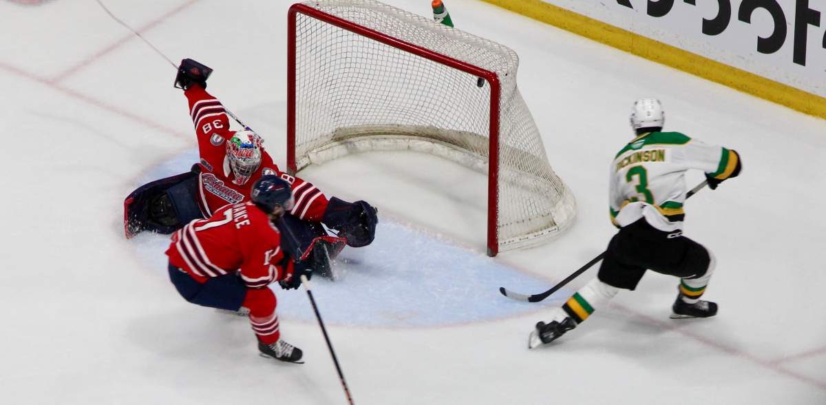 Sam Dickinson of the London Knights scores his second goal of Game 4 of the Ontario Hockey League Championship at the Tribute Communities Centre on May 13, 2025.