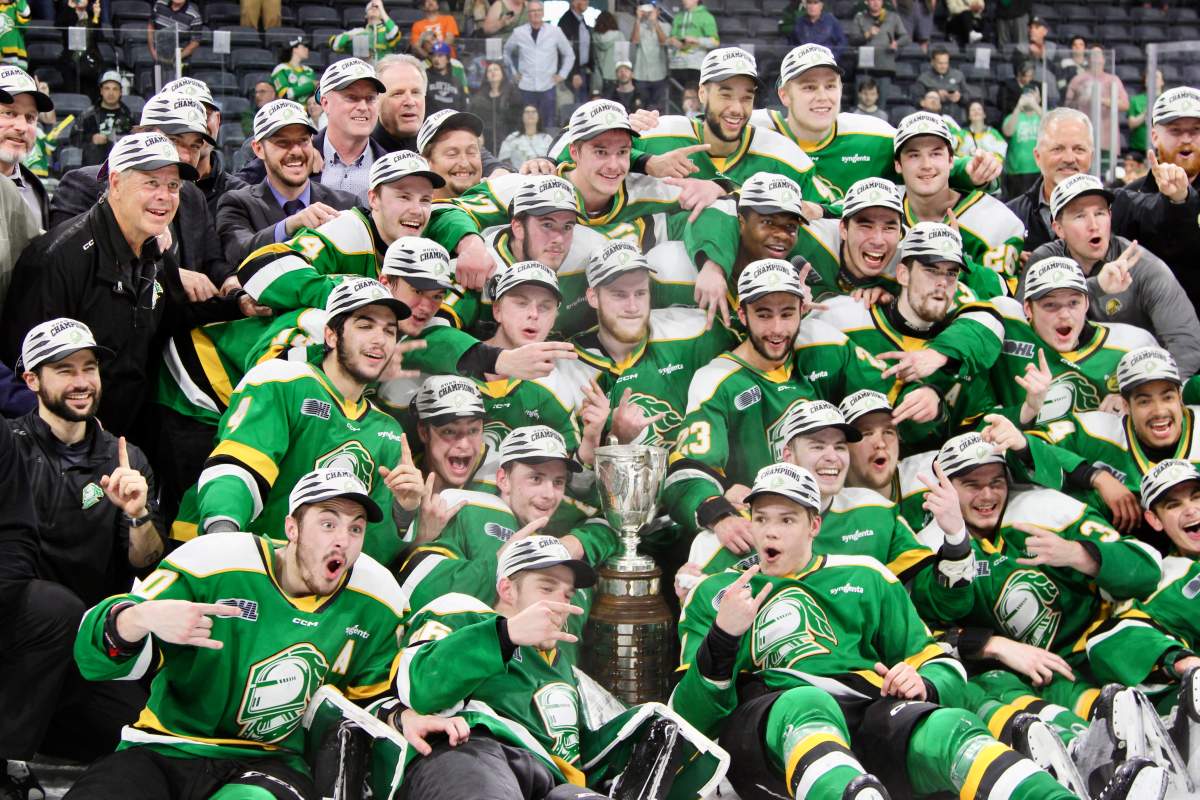 The London Knights celebrate their 2025 OHL Championship on the ice at Canada Life Place on May 15, 2025.