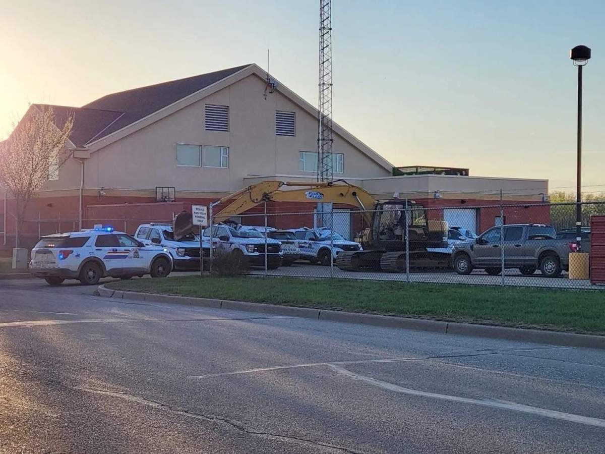 A stolen trackhoe (excavator) destroyed five cruisers at the Bonnyville RCMP detachment on Saturday, May 3, 2025.