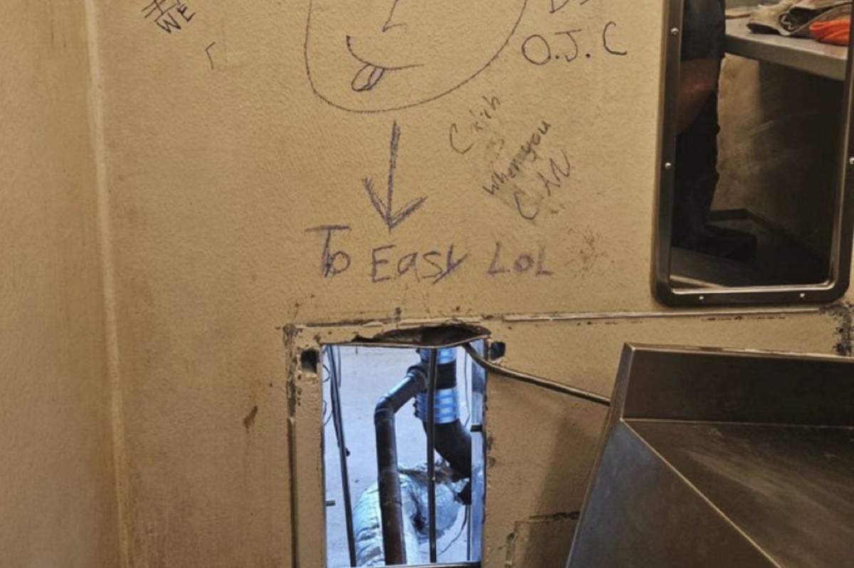 This photo obtained by The Associated Press on Friday, May 16, 2025, shows an opening inside a cell at the Orleans Justice Center in New Orleans. (AP Photo)