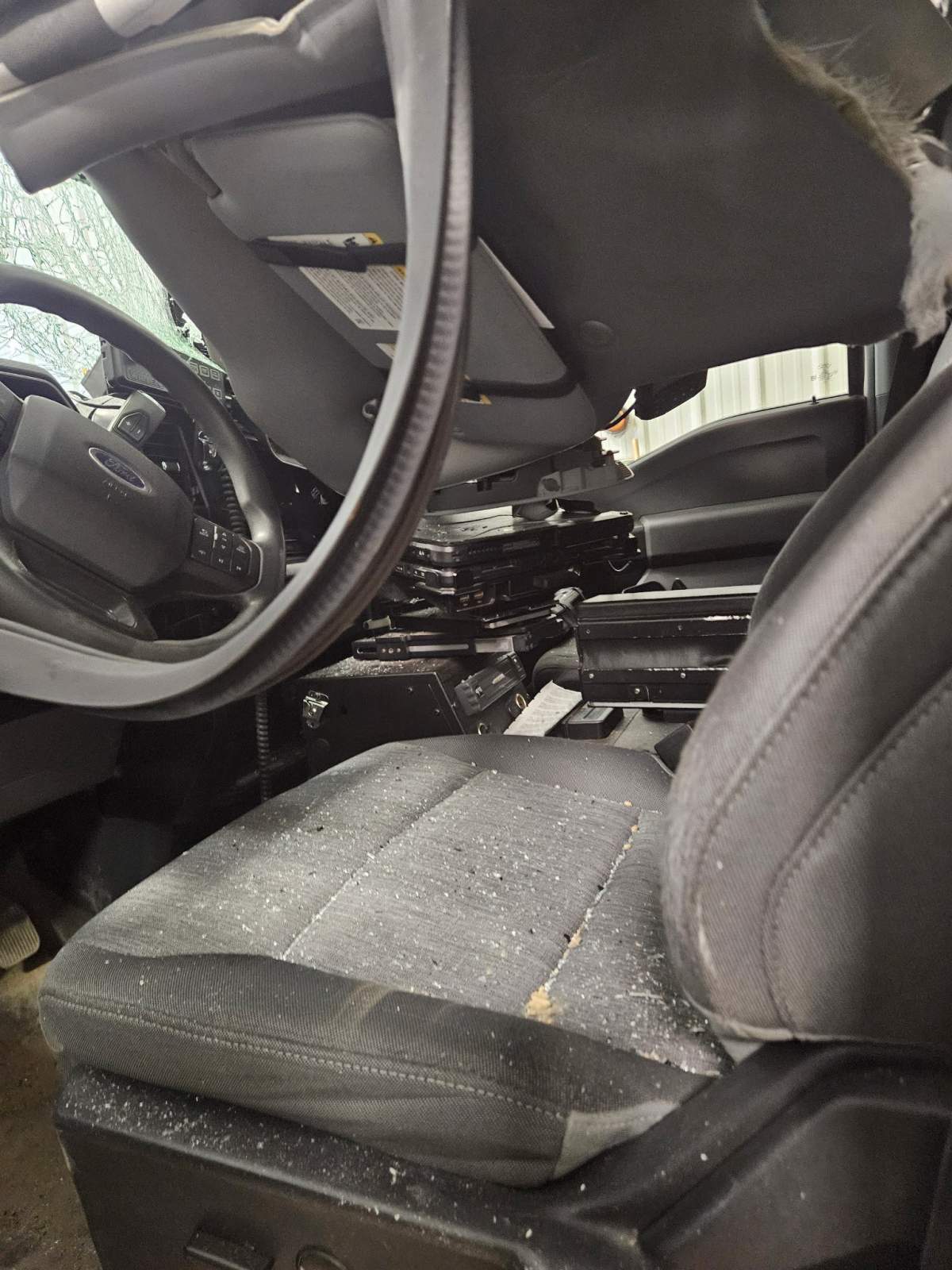 A stolen trackhoe (excavator) destroyed five cruisers at the Bonnyville RCMP detachment on Saturday, May 3, 2025.