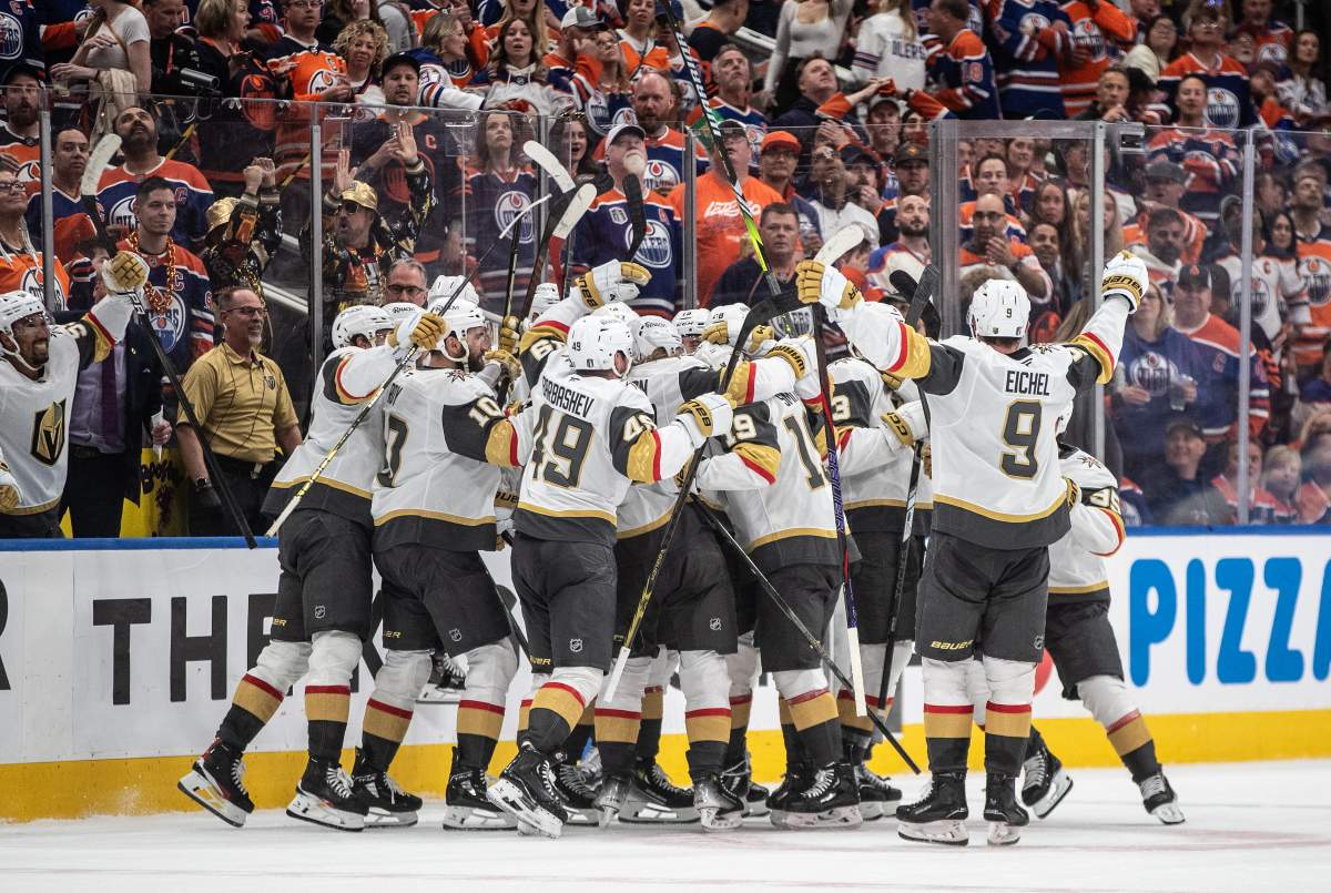 Vegas Golden Knights celebrate the win over the Edmonton Oilers during NHL playoff action in Edmonton on Saturday, May 10, 2025.