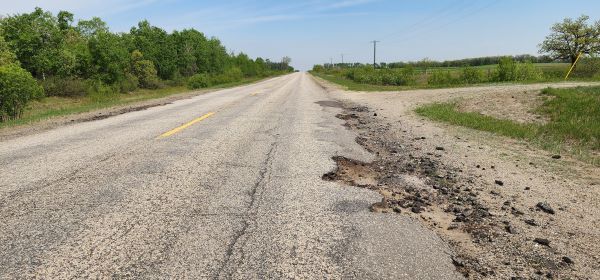 A crumbling section of Provincial Trunk Highway 34 in Central Plains — the ‘winner’ of Manitoba’s Worst Road for 2025.