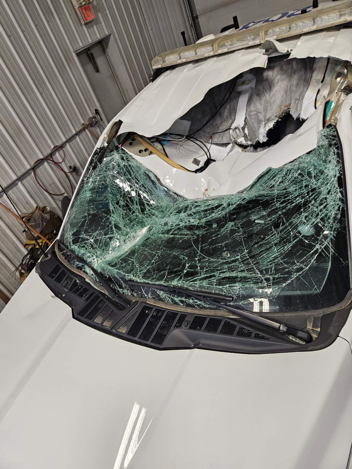 A stolen trackhoe (excavator) destroyed five cruisers at the Bonnyville RCMP detachment on Saturday, May 3, 2025.