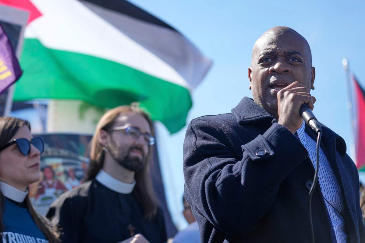 Newark mayor and gubernatorial candidate Ras Baraka speaks during a protest in front of of Delaney Hall, the proposed site of an immigrant detention center, in Newark, N.J., Tuesday, March 11, 2025.